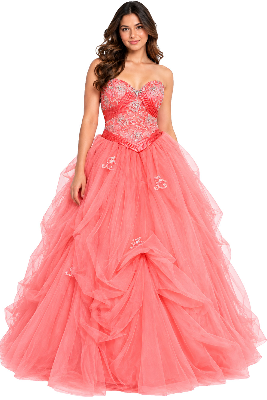 TERANI COUTURE CORAL PEACH SWAROVSKI CRYSTAL STRAPLESS BALL GOWN SIZE 6